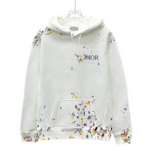 DM0254 Dior white logo embroidery and painted ink-splashed cotton hooded